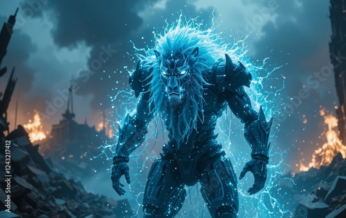 Wallpaper Mural A futuristic lion mech warrior standing in front of a wreckage with glowing particles and light effects surrounding it. Torontodigital.ca