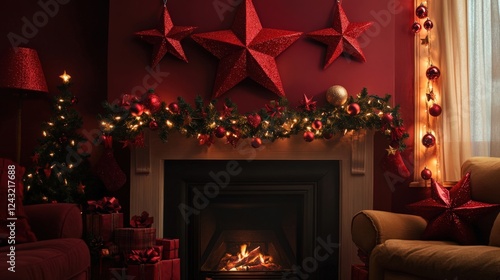Warm Cozy Living Room with Christmas Decorations and Stars, Perfect for Holiday Celebrations