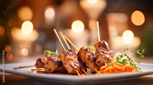 Delicious grilled skewers served on a white plate with vibrant side dish and warm candlelight ambiance