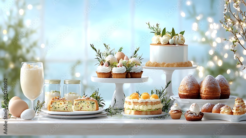 Fototapeta premium Easter day celebration with pastel tone easter eggs and treats in a festive setting