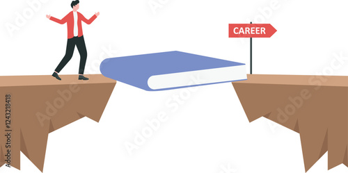 Vector illustration of a student wearing toga climbing stairs made from books

