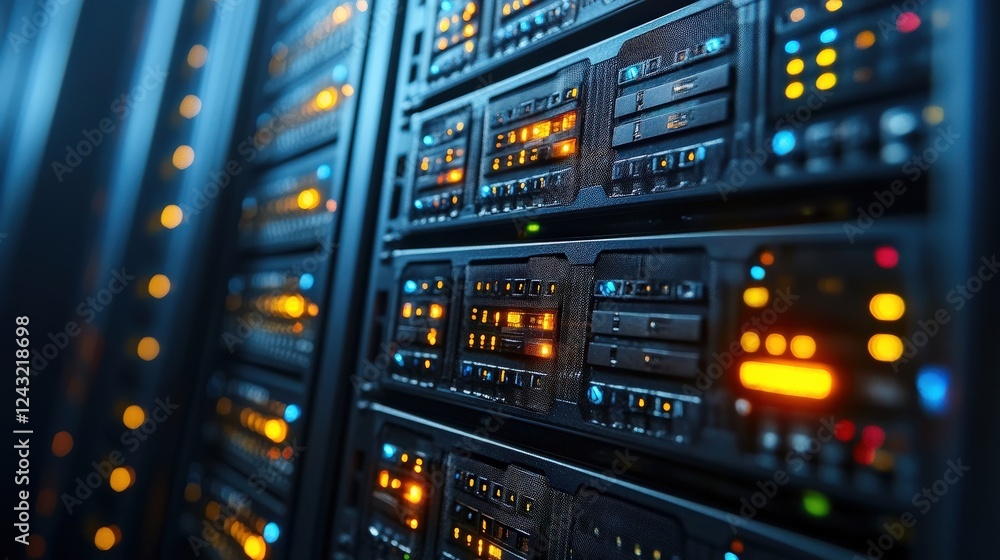 Close-up view of illuminated server racks in a data center showcasing technology and connectivity (11) Close-up view of illuminated server racks in a data center showcasing technology and connectivity (11)