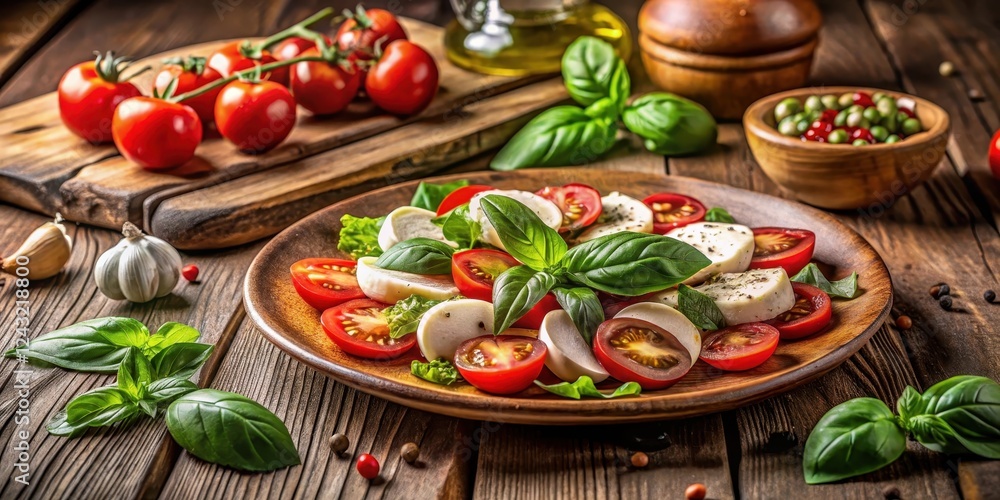 Aromatic Fresh Basil and Juicy Tomato Salad with Creamy Mozzarella Cheese, Served on Rustic Wooden Table Aromatic Fresh Basil and Juicy Tomato Salad with Creamy Mozzarella Cheese, Served on Rustic Wooden Table