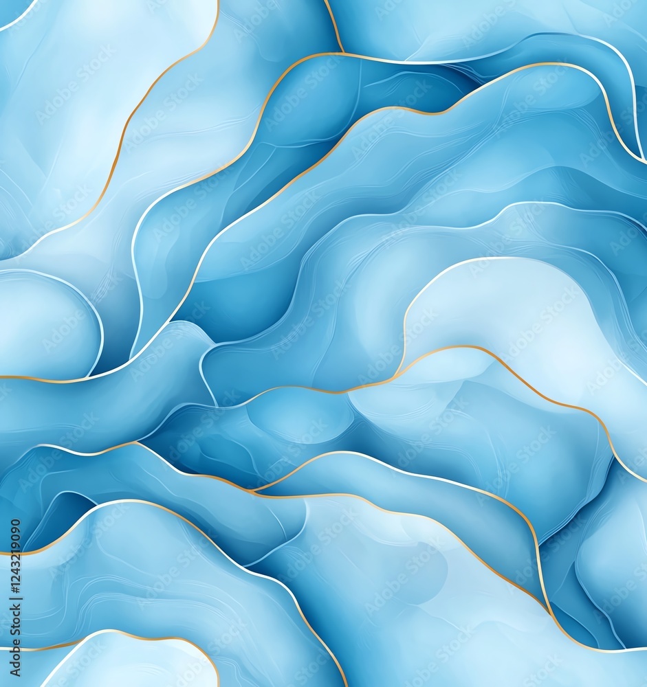 Fototapeta premium An abstract wave pattern in soothing shades of blue, blending seamlessly with elegant gold outlines, creating a tranquil and modern aesthetic for various design projects.