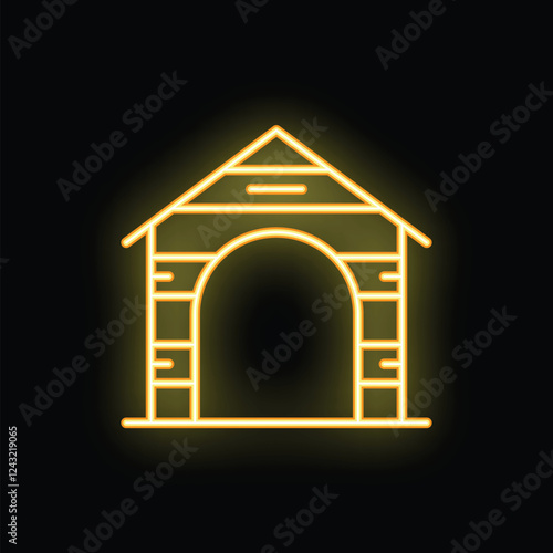 Yellow neon icon of a wooden doghouse glowing on a black background