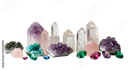 Colourful Gemstones and Crystals on a White Background