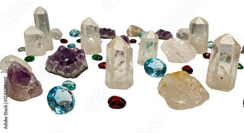 Colourful Gemstones and Crystals on a White Background