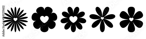 Set of black and white Retro Daisies Chamomile with Heart Centers. Chamomile icon. Vintage 70's style. Minimalistic floral silhouettes for logos, prints, cards, stencils, vinyl stickers
