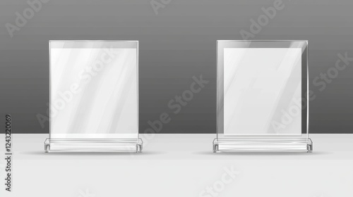 Acrylic table card holder isolated on transparent background. Vector empty glass stand display. Clear plastic, plexi or plexiglass price tag or restaurant menu mockup. Eps 10 vector illustration.