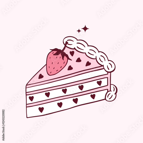 Vintage Coquette piece of cake  illustration. Hand drawn pink retro slice Cake with strawberry