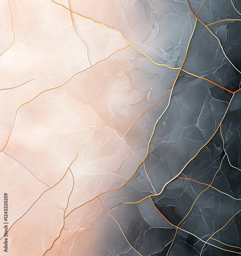 Fototapeta premium An intricate abstract background featuring soft peach and deep gray tones, elegantly intertwined with fine golden lines, perfect for modern designs and artistic projects.