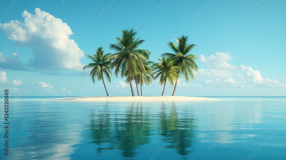 Tropical island paradise, palm trees, calm water, sunny sky Tropical island paradise, palm trees, calm water, sunny sky