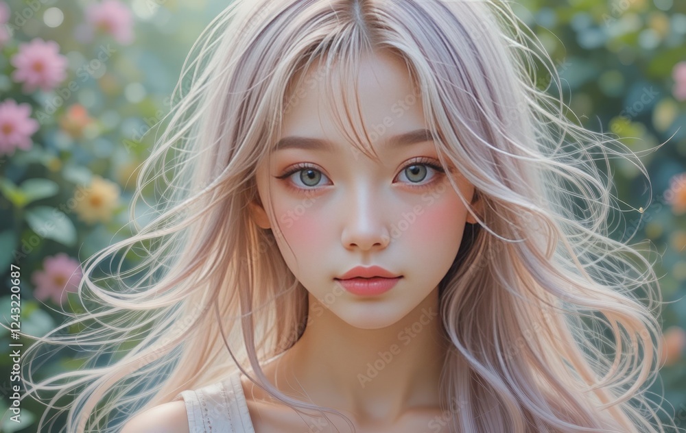 A portrait of a girl with loose flowing hair in a garden setting with pastel colors and diffused lighting A portrait of a girl with loose flowing hair in a garden setting with pastel colors and diffused lighting