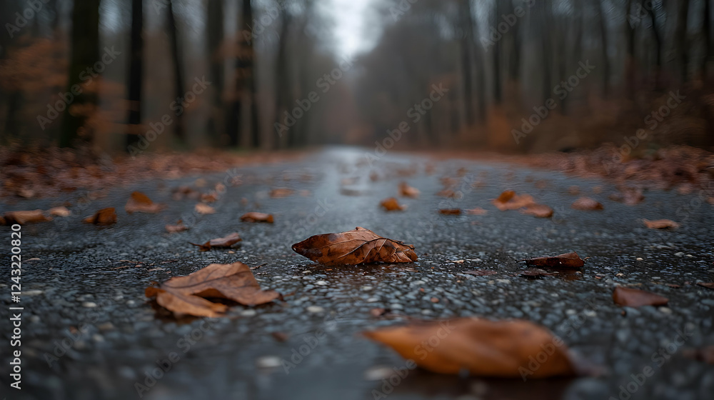 Autumn leaves on wet road, forest path Autumn leaves on wet road, forest path