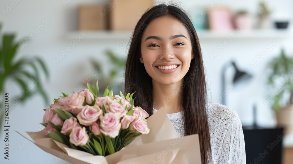 A young woman beams with happiness while holding a bouquet of soft pink roses, standing amidst a warm and inviting indoor space filled with greenery and light A young woman beams with happiness while holding a bouquet of soft pink roses, standing amidst a warm and inviting indoor space filled with greenery and light
