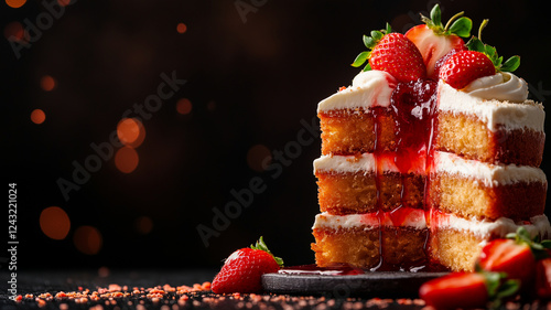 delicious layered cake with strawberries and cream, oozing with fruit filling, creates tempting dessert display. Perfect for celebrations and sweet moments
