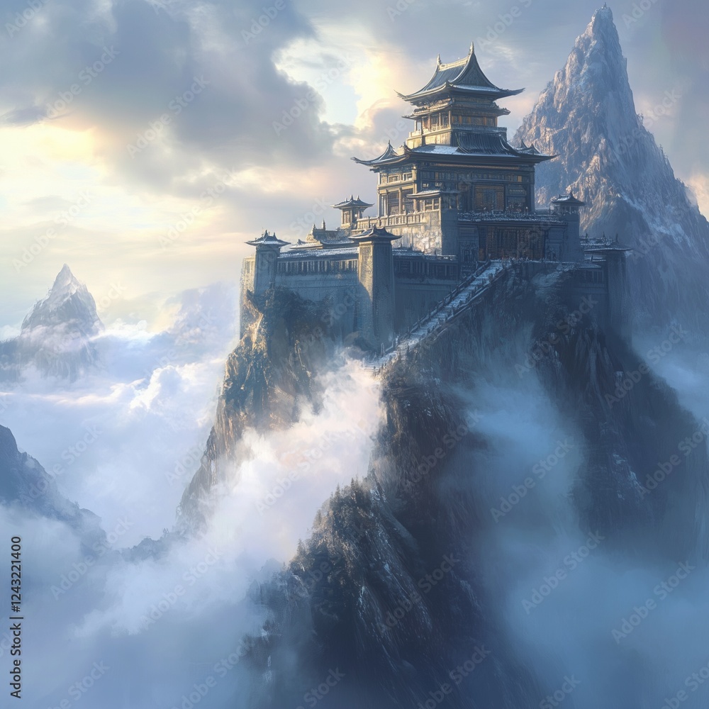 Fototapeta premium mountaintop temple above the clouds, with magical energy flowing through the air