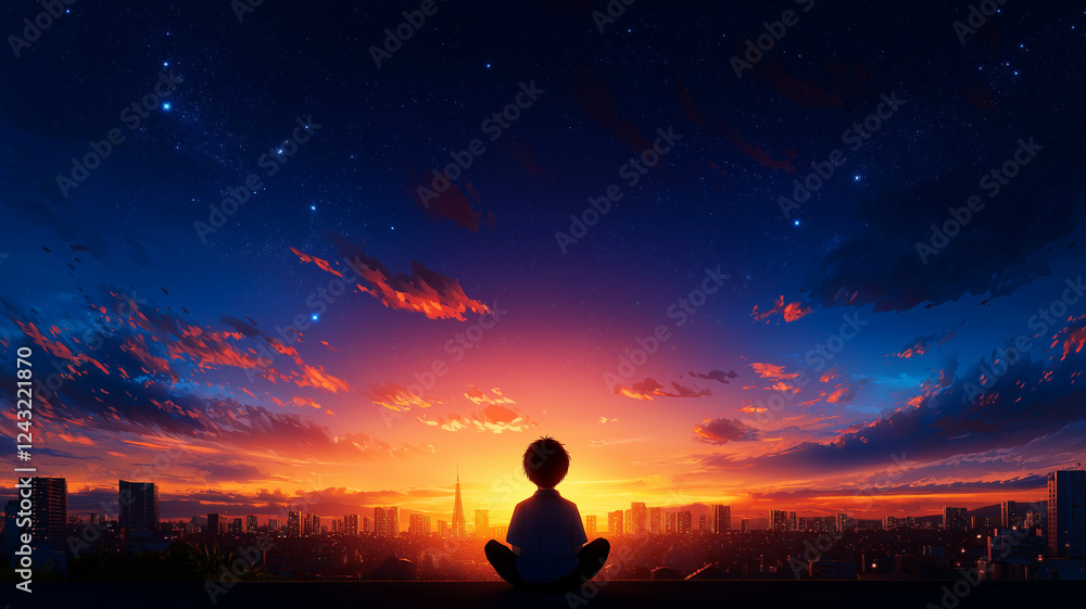serene anime style scene of boy sitting at sunset, gazing at colorful sky and city skyline. vibrant hues create peaceful atmosphere serene anime style scene of boy sitting at sunset, gazing at colorful sky and city skyline. vibrant hues create peaceful atmosphere