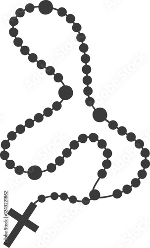 Rosary beads with cross. Catholic prayer necklace. Christian chain with crucifix silhouette. Religious jewelry for meditation.