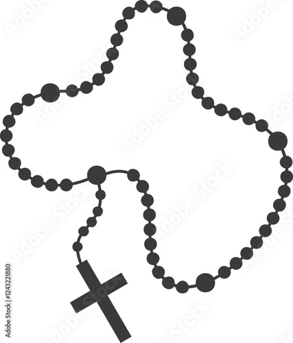 Rosary beads with cross. Catholic prayer necklace. Christian chain with crucifix silhouette. Religious jewelry for meditation.
