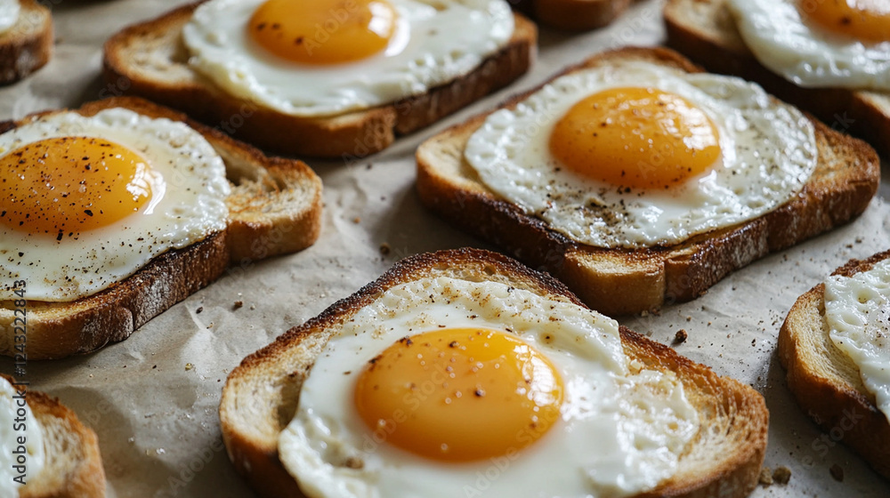 Golden-brown toast with perfectly cooked sunny-side-up eggs, seasoned with black pepper and fresh herbs, styled for a delicious breakfast food presentation Golden-brown toast with perfectly cooked sunny-side-up eggs, seasoned with black pepper and fresh herbs, styled for a delicious breakfast food presentation