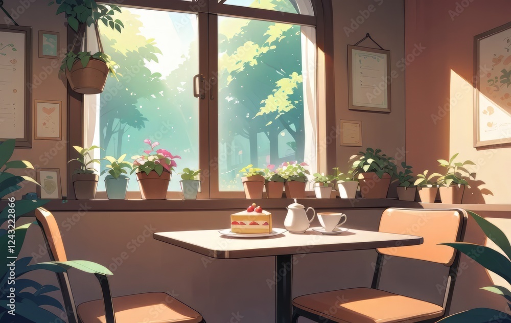 Cozy Cafe Interior with Sunlight and Plants Cozy Cafe Interior with Sunlight and Plants