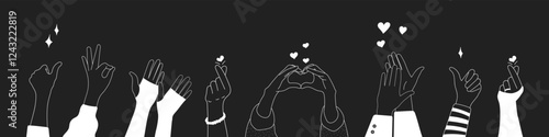 Doodle sketch hands up gestures comic icons silhouettes vector set. Group of line art fun comic hands in the air. Voting or happy congratulation audience recognition symbols.