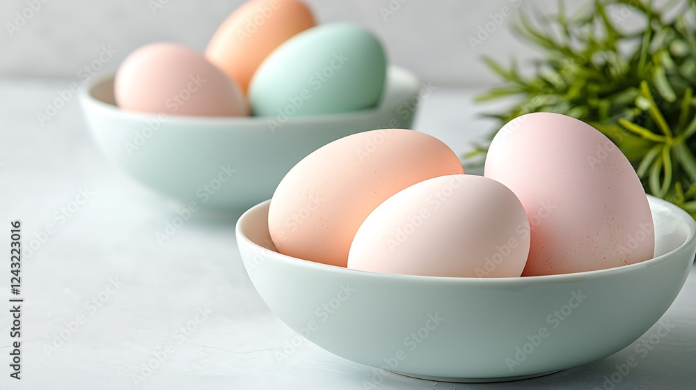 Easter day celebration with pastel tone eggs in charming bowls indoor setting vibrant mood Easter day celebration with pastel tone eggs in charming bowls indoor setting vibrant mood