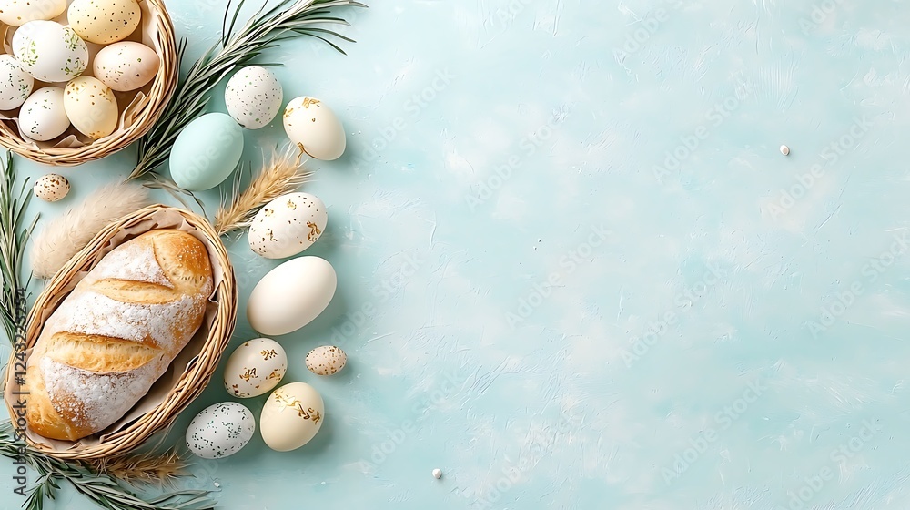 Obraz premium Easter day celebration with pastel tone eggs and bread festive table setting serene environment