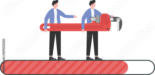 Men holding giant wrench, technical support and repair concept, vector illustration

