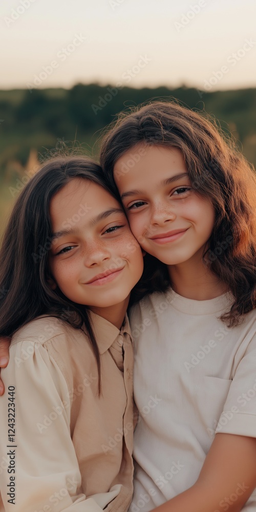 Fototapeta premium Two young girls are hugging each other in a field. They are smiling and seem to be enjoying each other's company