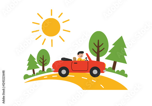 Car on the Road Clipart. A red convertible car driven by a person on a sunny day with trees in the background. Vector illustration design. photo