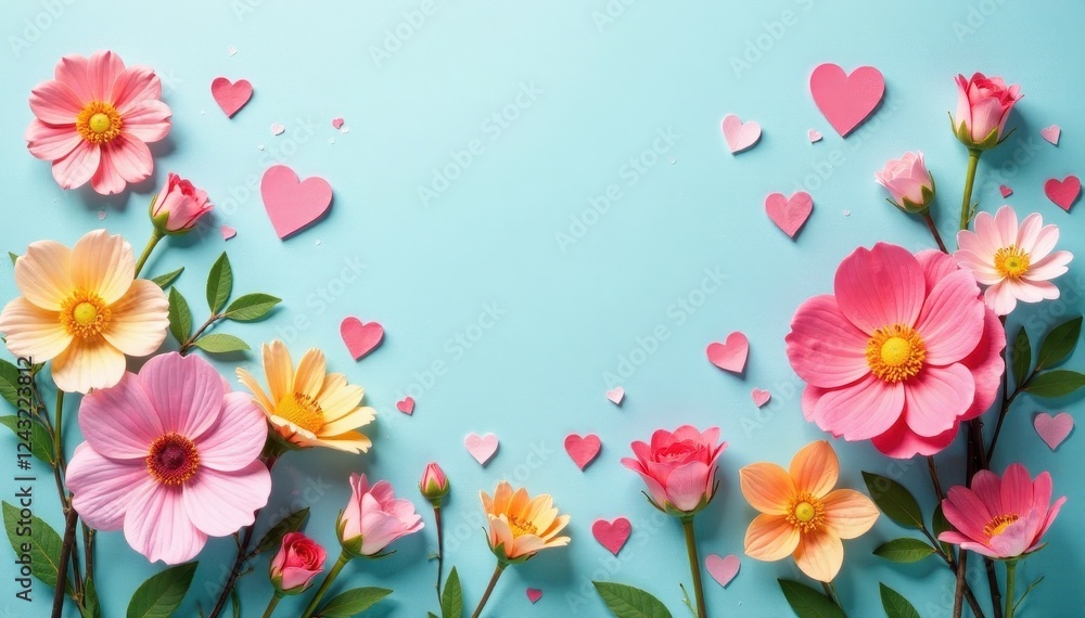 Pastel colored flowers and hearts on a textured background, happy, wedding, elements Pastel colored flowers and hearts on a textured background, happy, wedding, elements