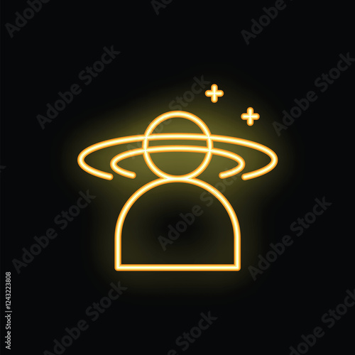 Stylized neon icon of a human with a planet orbiting around its head glowing on a black background