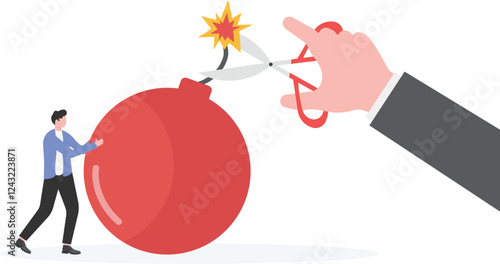 Business concept illustration of a man giving a bomb with a lit fuse and other man trying to diffuse it by cutting the fuse.

