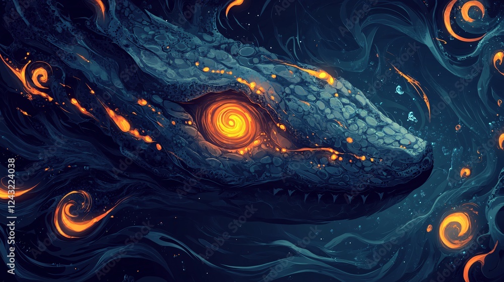 Obraz premium A vector illustration of an oceanic abyss predator skin texture with glowing, eerie spiral markings.