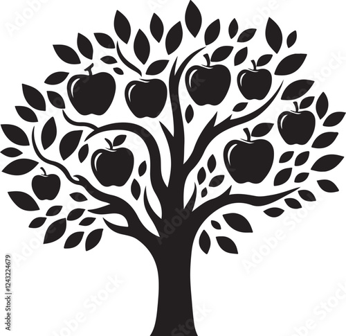 Apple tree silhouette vector art illustration. Apple tree vector icon.