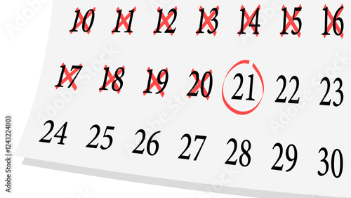 A calendar page with multiple past days crossed out in red and one day circled, indicating a significant date.