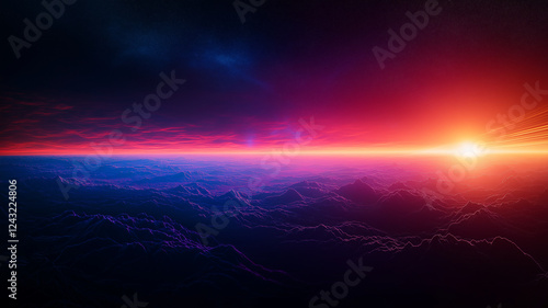 stunning digital landscape showcasing vibrant sunset over mountainous terrain, with rich colors blending from deep blue to fiery orange