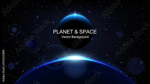 Stunning Solar Eclipse. Glowing Planet Eclipse, Universe, Space and Solar Light Glare. Abstract Sun Ring with Golden Glow and Earth Horizon Lights - Realistic Sunrise Vector Illustration