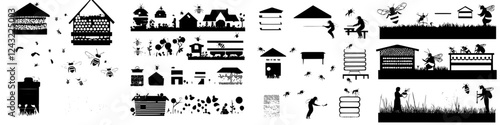 Beekeeping illustrations depicting various hive designs and activities in an agriculture setting