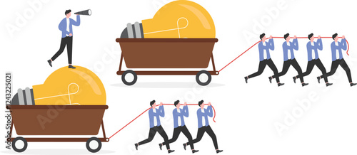 Business concept illustration of businessmen dragging a big box, leading the race against slower groups.

