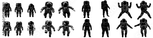 Silhouettes of astronauts in various poses showcasing movement and activity in space exploration