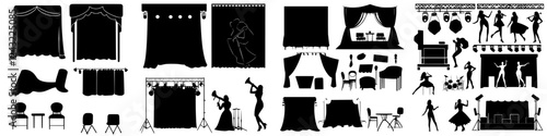 Silhouettes of performers and stage setups in a theater setting showcasing various activities and elements of performance art