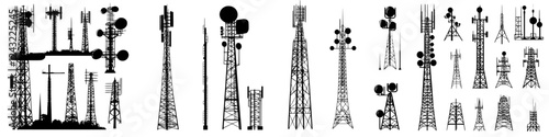 Various types of communication towers designed for telecommunications in different styles and sizes
