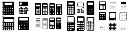 Collection of various calculator designs showcasing digital and scientific models in monochrome style