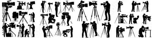 Various silhouettes of filmmakers using cameras on tripods in dynamic poses during a creative shoot