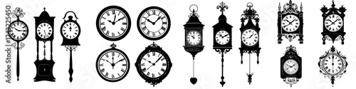 Decorative wall clocks displayed in various styles showcasing classic and contemporary designs in black silhouette