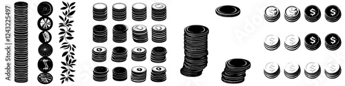 Collection of various coin designs arranged in neat stacks, showcasing diversity in style and size