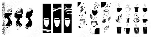 Art showcasing diverse coffee styles in black and white illustrations with intricate details and creative designs